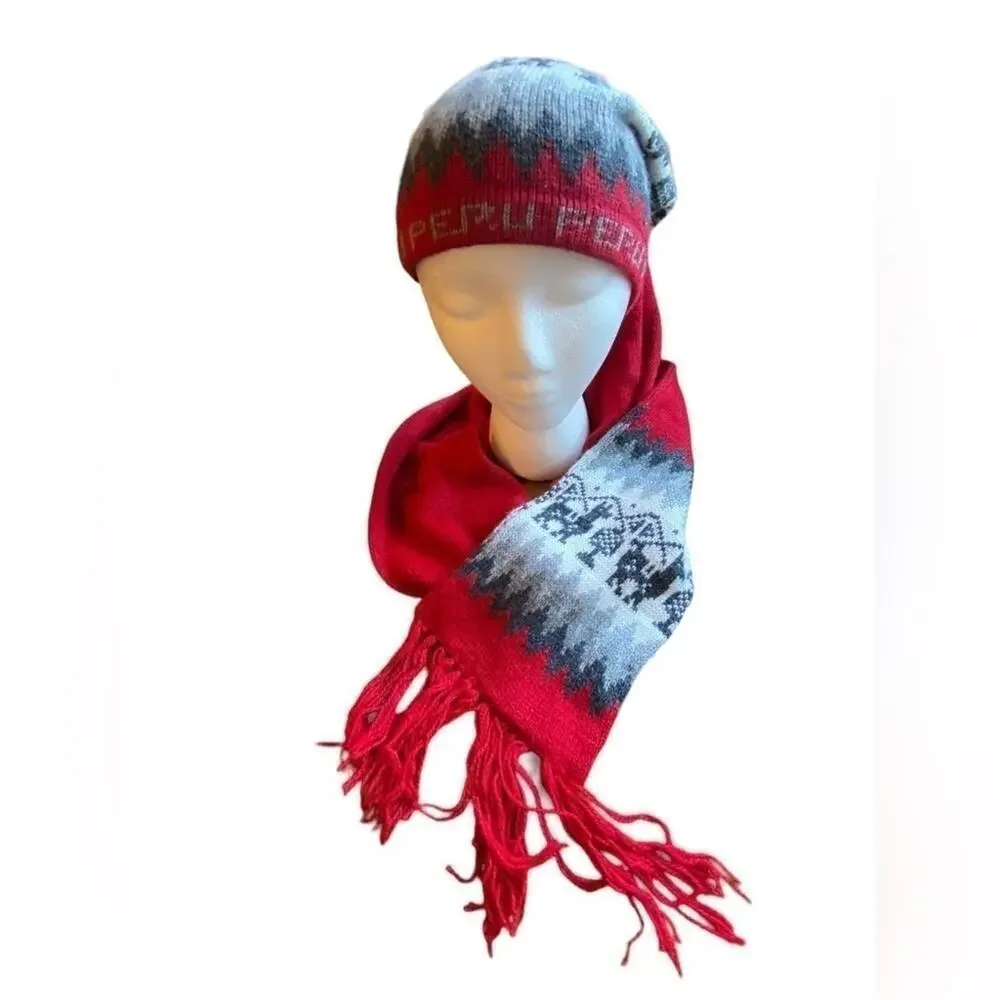 Peru Winter Knit Beanie Fringe Scarf Unisex O/S